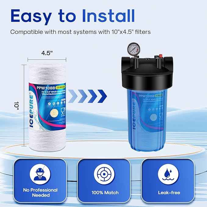 ICEPURE 25 Micron 10”x4.5'' Whole House Sediment String Wound Water Filter Replacement filter for 84637, WPX5BB97P, PC10, 355214-45, 355215-45, WP10BB97P, WP5BB97P, 4PACK