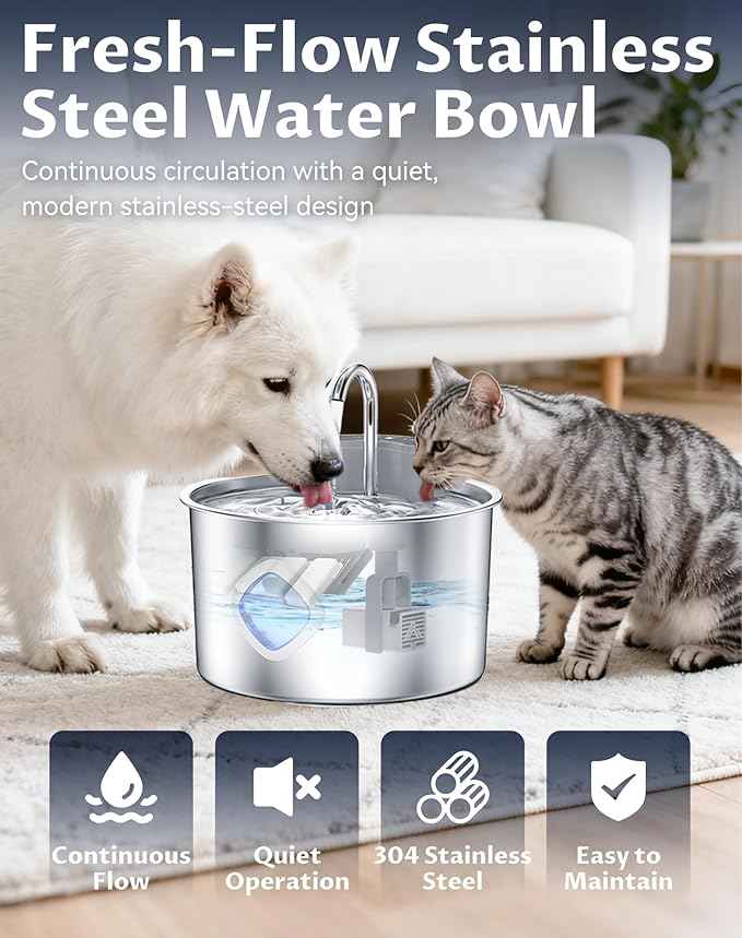 Water Bowl, Stainless Steel Dog Water Bowl for Dogs Cats (8 Filters + 4 Sponges)