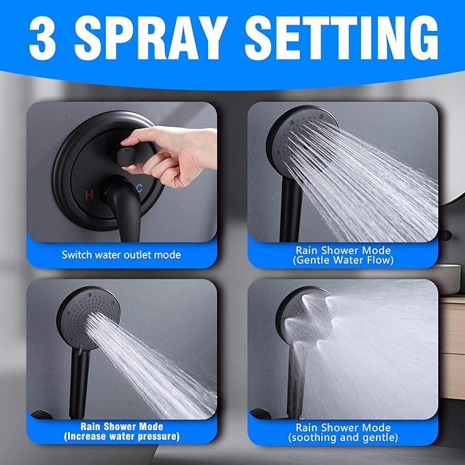 Shower System, Wall Mounted Shower Faucet Set with Filter, High Pressure Rain Shower Head with Handheld Spray Combo with Filter for Hard Water, Matte Black Circular Valve