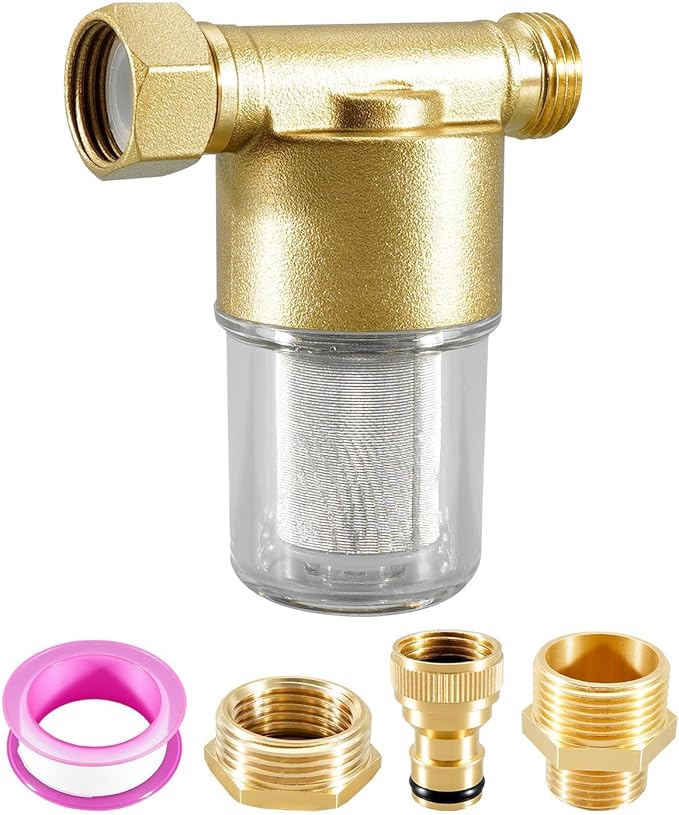 40 Micron Brass Sediment Filter, Inline Spin Down Sediment Water Filter for Washing Machine Heater Camping RV Garden, Reusable Garden Hose Filter with Pipe Sealant Tape, Anti Scale and Clogging