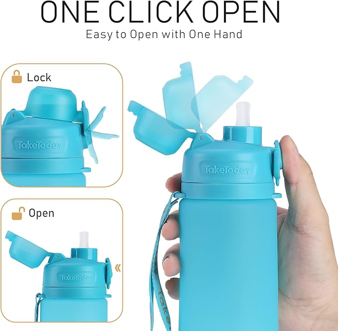 TakeToday Collapsible Water Bottles 20oz (600mL), Foldable Platinum Silicone Travel Water Bottle with Straw & Carry Strap, Leak-Resistant Screw Lid, Wide Mouth, BPA-Free for Hiking, Camping, Travel