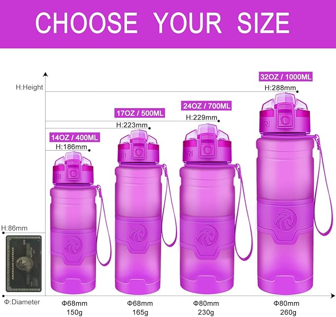 ZORRI Sports Water Bottle, 400/500/700ml/1L, BPA Free Leak Proof Tritan Lightweight Bottles for Outdoors,Camping,Cycling,Fitness,Gym,Yoga- Kids/Adults Drink Bottles with Filter, Lockable Pop Open Lid