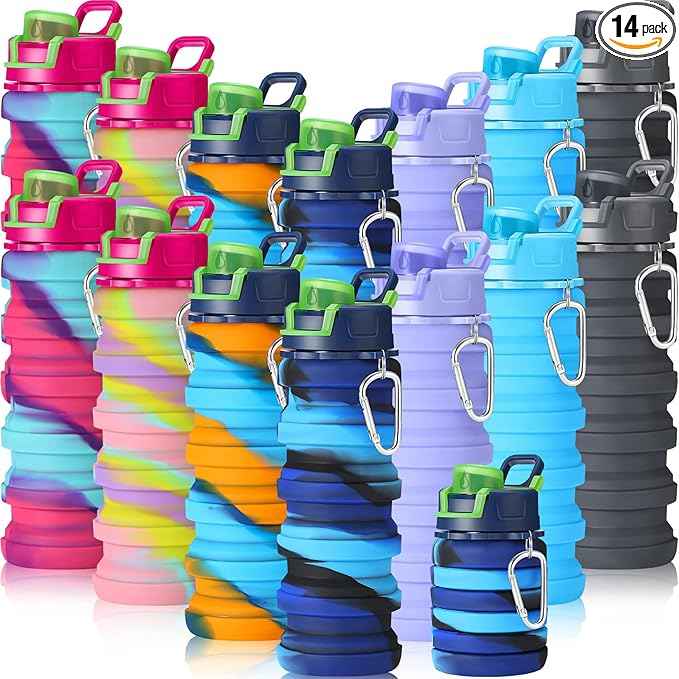 Sunnyray 14 Pack Collapsible Water Bottles Travel 17oz Silicone Portable Foldable Bottles Leak Proof Reusable Sports Cups with Clip for Camping Hiking Cycling Outdoor(Dark Color)