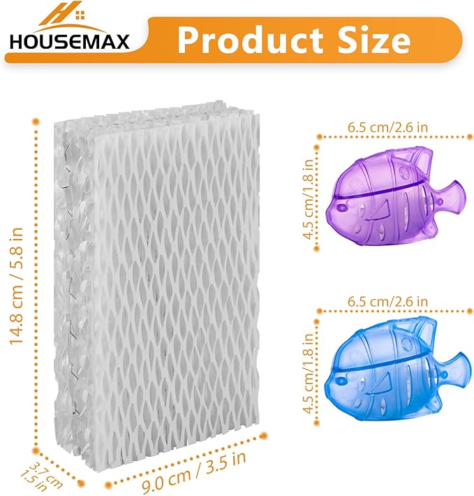 HOUSEMAX 4 Pack WF813 Humidifier Wick Filters with 2 Cleaning Fish, Compatible with Vicks Equate Eqwf813 Eq-2119-Ul, Relion RCM-832 RCM-832N, ProCare PCCM-832N Cool Mist Humidifier Replacement Filter