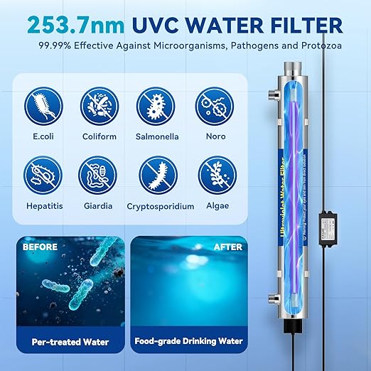 UV Water Filter Whole House, 3/4" MNPT Inlet/Outlet Water Purifier Filter System for Whole House Water Purification, 12GPM, 120V, +1 Extra Bulb