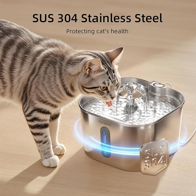 Cat Water Fountain Stainless Steel：74oz/2.2L Water Fountains for Cats Indoor, Cat Fountains for Drinking, Ultra-Quiet, Water Level Window, Pet Water Fountain - 2 Filters + 2 Sponges