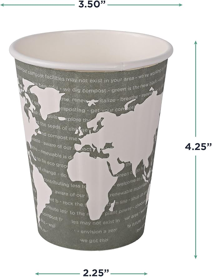 ECO PRODUCTS Compostable Disposable Insulated World Art 12oz Coffee Cups, Case of 600, Renewable Double-wall Hot Paper Cup, Plant Based PLA Lining, No Sleeves Needed, Color Coded