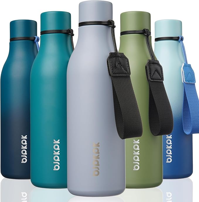BJPKPK Insulated Water Bottles, 18 oz Stainless Steel Metal Water Bottle with Strap, BPA Free Leak Proof Jugs, Mugs, Flasks, Reusable Thermal Flasks for Sports & Travel, Mist Grey