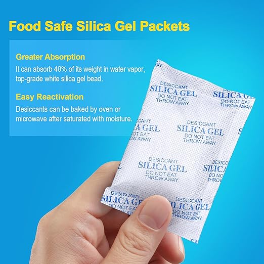 Silica Gel Packets – 50 Gram 25 Packs Moisture Absorbers, Desiccant Packs for Storage, Food Safe Desiccant for Foods, Seeds, 3D Filaments, Electronics, Safes