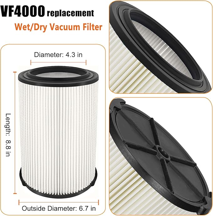 VF4000 Replacement Filter for Ridgid Shop Vacuums 5-20 Gallon, Universal VF4200 Filter Fits Rigid Wet Dry Vac/Husky Shop Vacuum Filter 6-9 Gallon with Foam Sleeves-2 Pack - AquaVibe