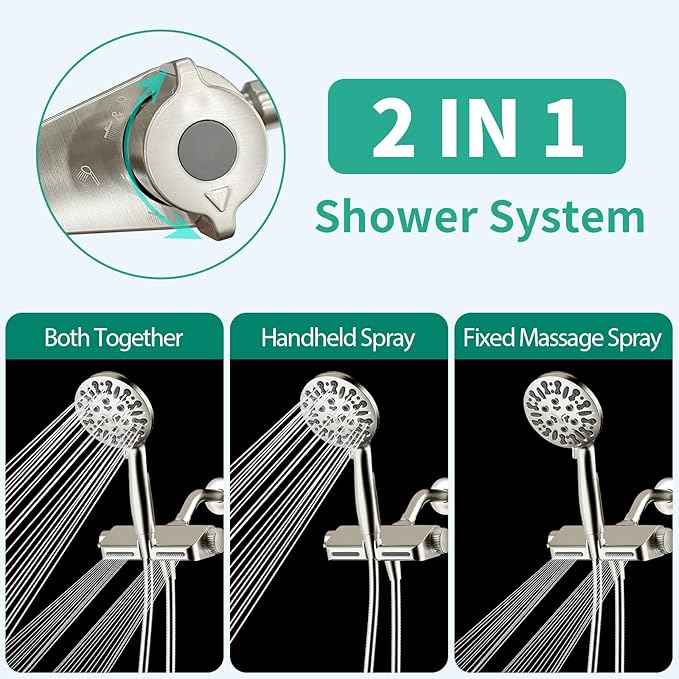 Filtered Shower Head with Handheld Combo, Hard Water Filter Shower Head with 9 Shower Modes, Dual Shower Heads High Pressure, Shower Filters to Remove Chlorine and Fluoride (Brushed Nickel)