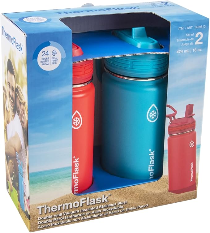 ThermoFlask Kids 16 oz Insulated Water Bottles with Straw Lid BPA-Free Stainless Steel Leakproof & Spill-Proof Design Easy Clean Wide Mouth 2-Pack for School, Sports, Playdates, Red/Blue
