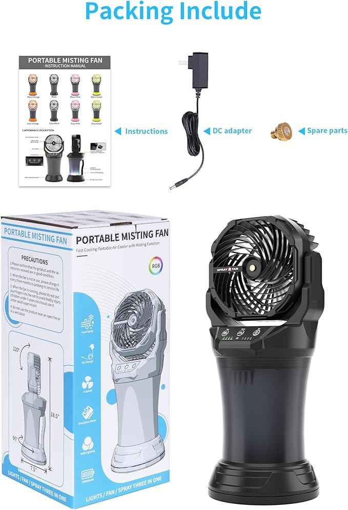 AVV Portable Misting Fan with RGB Ambient Light- 2L Water Tank, 4 Speeds & Spray Mist Fan, 30000mAh Rechargeable Misting Fans for Outdoor/Indoor Fans for Camping, Patio, Garden, Black