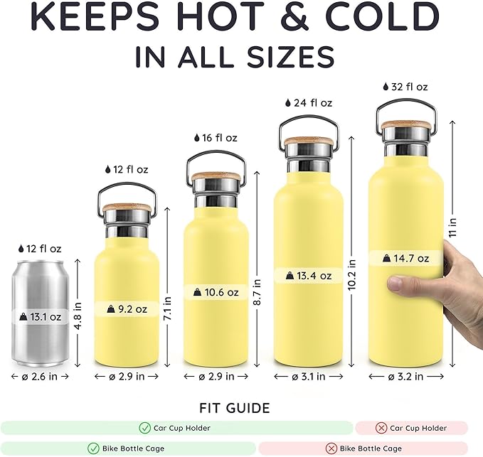 Bambaw 24 oz Insulated Water Bottle, Stainless Steel Water Bottle, Easy to Clean, Sleek & Durable, Wide Mouth Fits Tea Infusers, Lightweight, Great for Travel & Hiking (Yellow Beam)