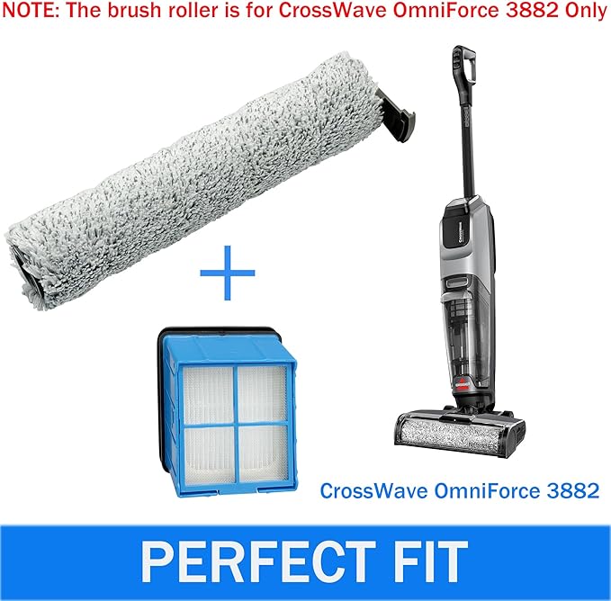 Crosswave Omniforce Replacement Parts, Roller Brush & Filters Kit for BISSELL Crosswave (Model 3882/3883/ OmniFind 3967F/ 3970F) Vacuum Cleaner - 2 Rolls, 2 Filters, 1 Tool Brush - AquaVibe
