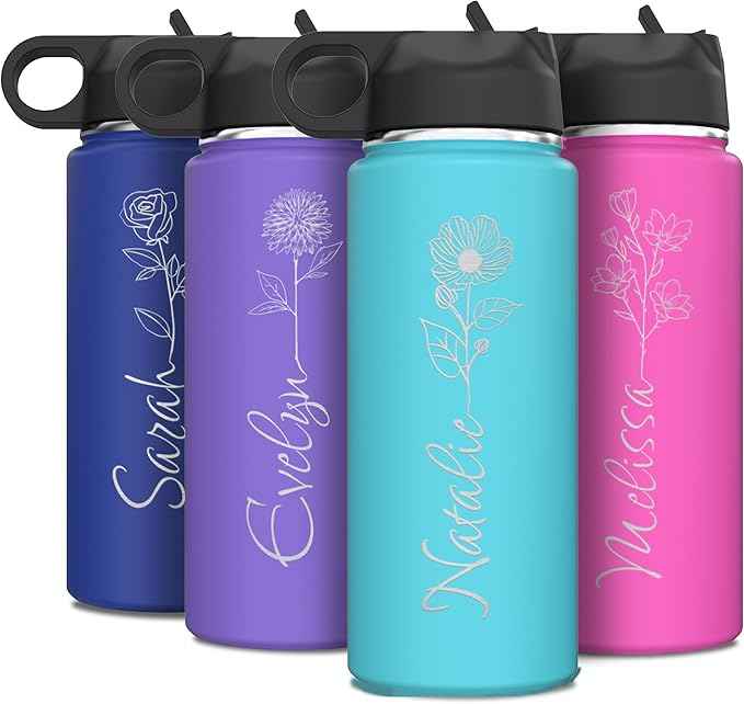 shop4ever Custom Personalized Birth Flower Your Name Vertical Insulated Stainless Steel Water Bottle with Flip Top Lid & Straw Gift for Her 18 oz.