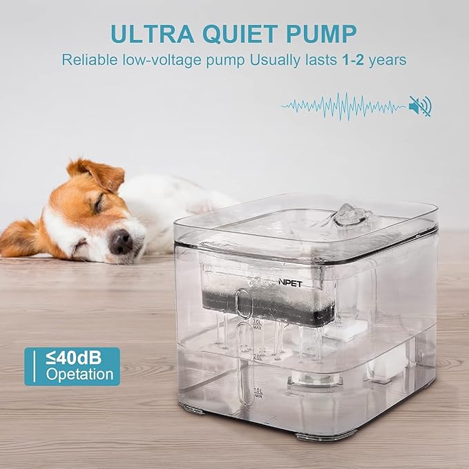 NPET Cat Water Fountain, 3L Automatic Pet Drinking Fountain Dog Water Dispenser with Quadruple-Action Filter (Polycarbonate (PC), Clear)