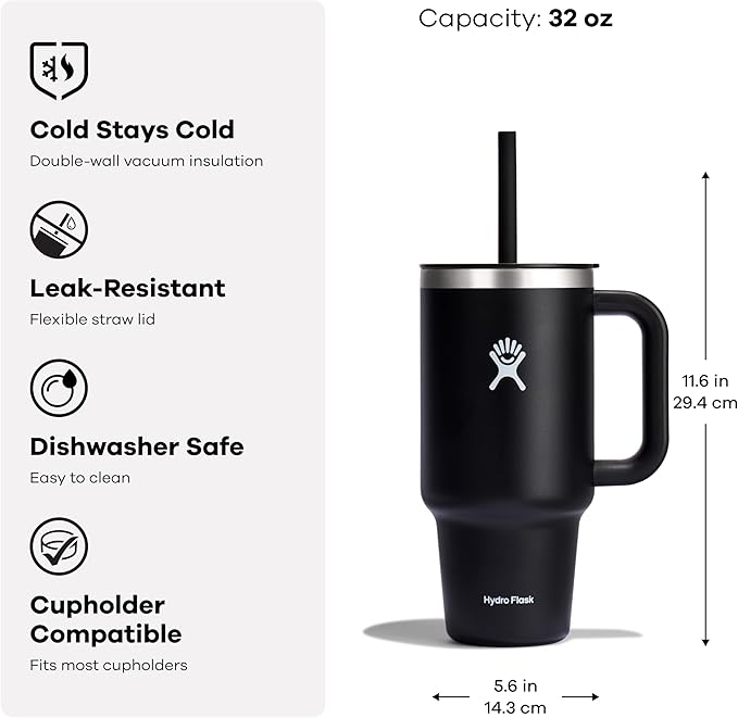 Hydro Flask Travel Tumbler with Handle, Lid and Straw - Insulated Stainless Steel in 32 Oz Aloe Green