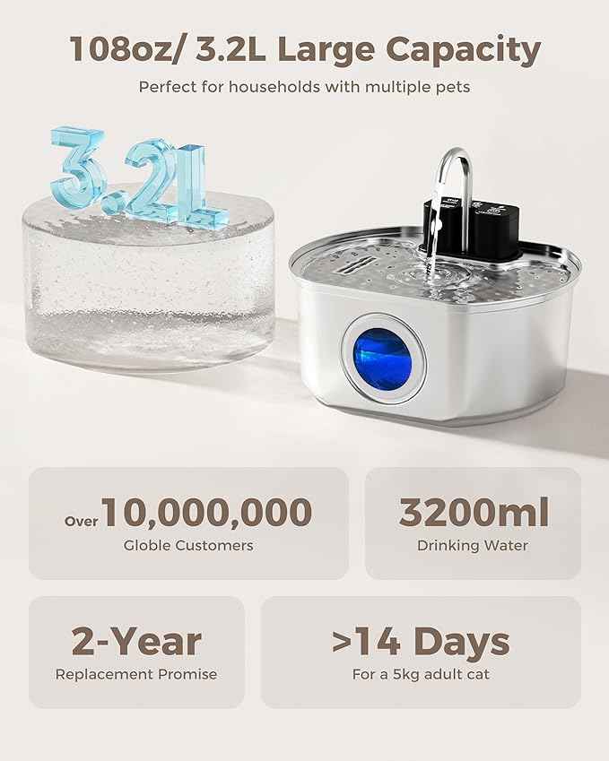 Cat Water Fountain Stainless Steel - Wireless 3.2 L/108 oz Battery Operated Automatic Pet Drinking Fountain for Cats - Cordless Water Dispenser with 4000 mAh Rechargeable Battery (1 Filter)