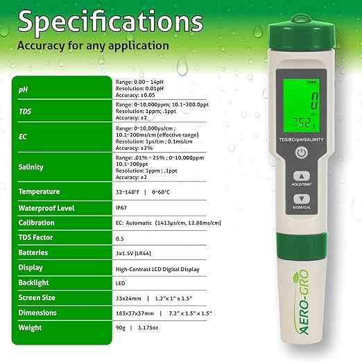 Digital 5-in-1 Meter: 5 Functions: pH, TDS, EC, Salinity%, Salinity ppm, and Temp, IP67 Waterproof, Pen-Type Tester for Hydroponics, Water, Wine, Spas, Aquariums