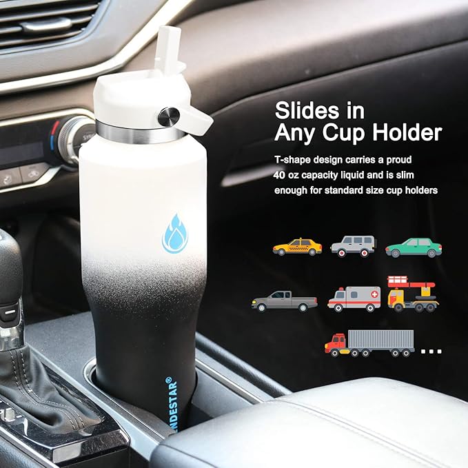 SENDESTAR Water Bottle,Wide Mouth Stainless Steel Vacuum Insulated Double Wall Keep Liquids Cold or Hot All Day,Sweat Proof Sport Design,Fit Car Cup Holder,White Black Gradient,40 Ounces