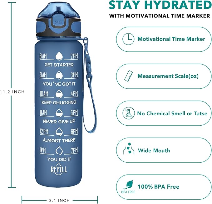 Enerbone 32 oz Water Bottle with Times to Drink and Straw, Motivational Drinking Water Bottles with Carrying Strap, Leakproof BPA & Toxic Free, Ensure You Drink Enough Water for Fitness Gym Outdoor