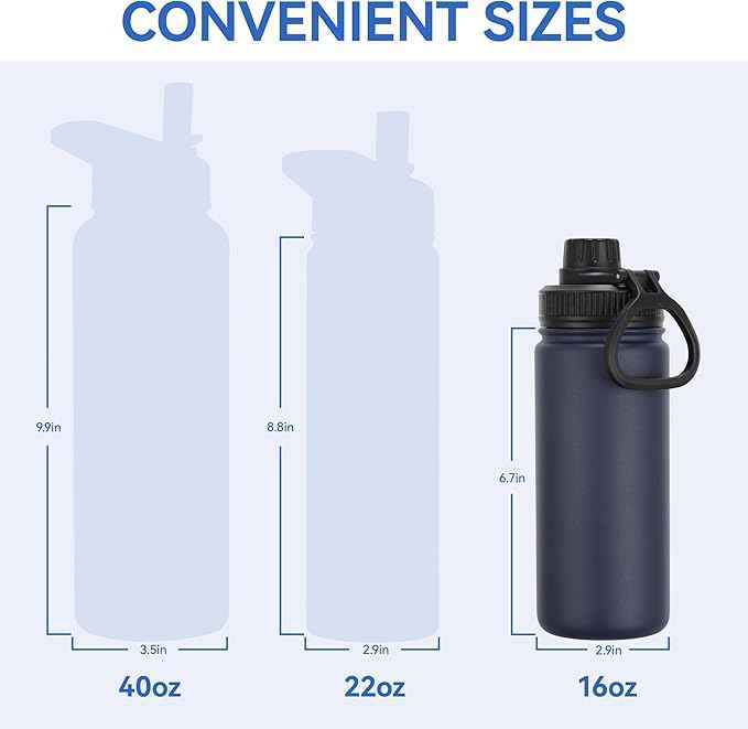 DOMICARE 16 oz Kids Water Bottle for School Stainless Steel Double Wall Vacuum Insulated Water Bottle with Straw lids & Spout Lid, Leakproof BPA Free (Navy,8)