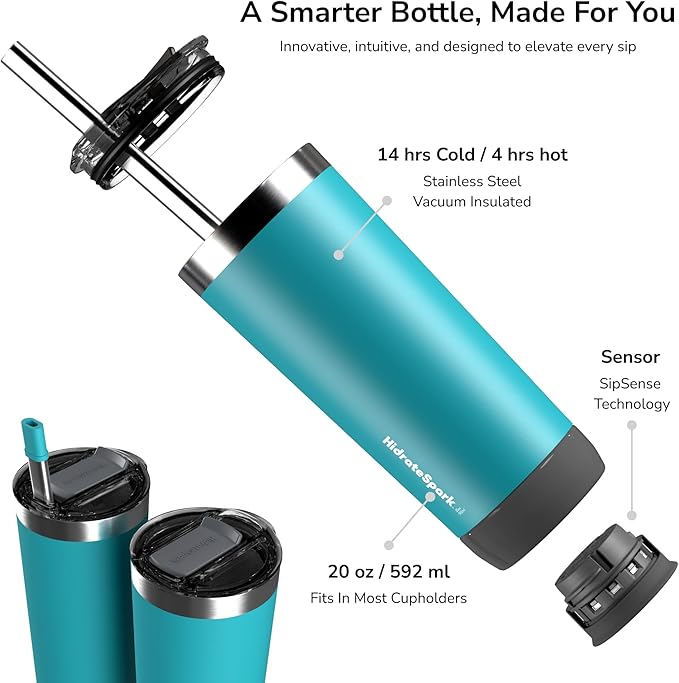 Hidrate Spark PRO Smart Tumbler Bundle – Insulated Stainless Steel – Tracks Water Intake with Bluetooth, LED Glow Reminder When You Need to Drink – 20oz (Sea Glass)
