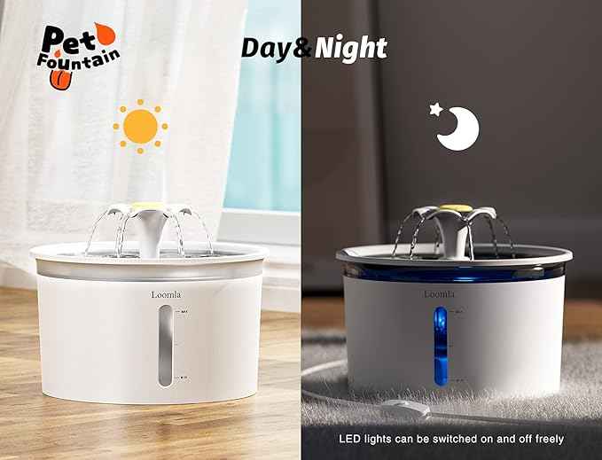 Loomla Cat Water Fountain, 85oz/2.5L Pet Water Fountain Indoor, Automatic Dog Water Dispenser with Switchable LED Lights, 2 Replacement Filters for Cats, Dogs, Pets (White)