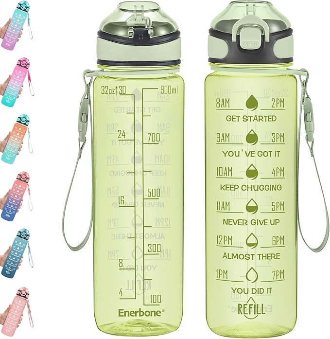 Enerbone 32 oz Water Bottle with Times to Drink and Straw, Motivational Drinking Water Bottles with Carrying Strap, Leakproof BPA & Toxic Free, Ensure You Drink Enough Water for Fitness Gym Outdoor