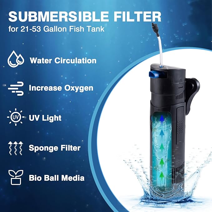 UV Aquarium Filter Uv Sterilizer For 21-53 Gallon Fish Tank 185GPH, 20 Watt Submersible Internal Pump Uv Sterilizer For Salt Water Aquarium 4.9FT Cord | Marine Aqua,Turtle Tank Green Killing Machine - AquaVibe