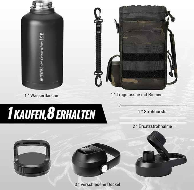 ONETIGRIS Tactical Half Gallon Water Bottle with Straw - 64 oz Vacuum Insulated Stainless Steel Water Jug, Leakproof Sport Bottle with 3 BPA Free Lids, Paracord Handle & MOLLE Water Pouch for Outdoor
