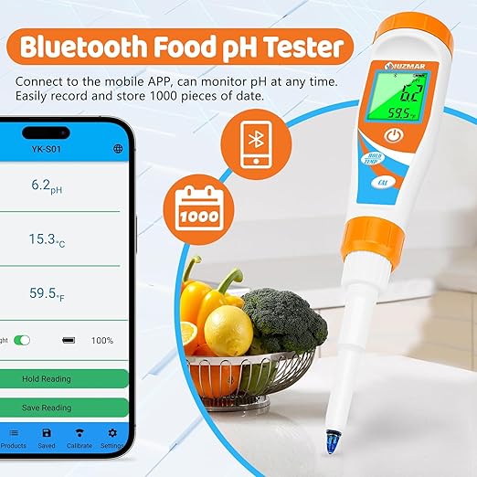 Smart pH Meter for Food pH Test Kit for Sourdough and Bread Dough Professional Spear Sensor Food Tester Digital pH Meter for Sausages Meat Cheese Sushi Rice and Other Solid Semi-Solid