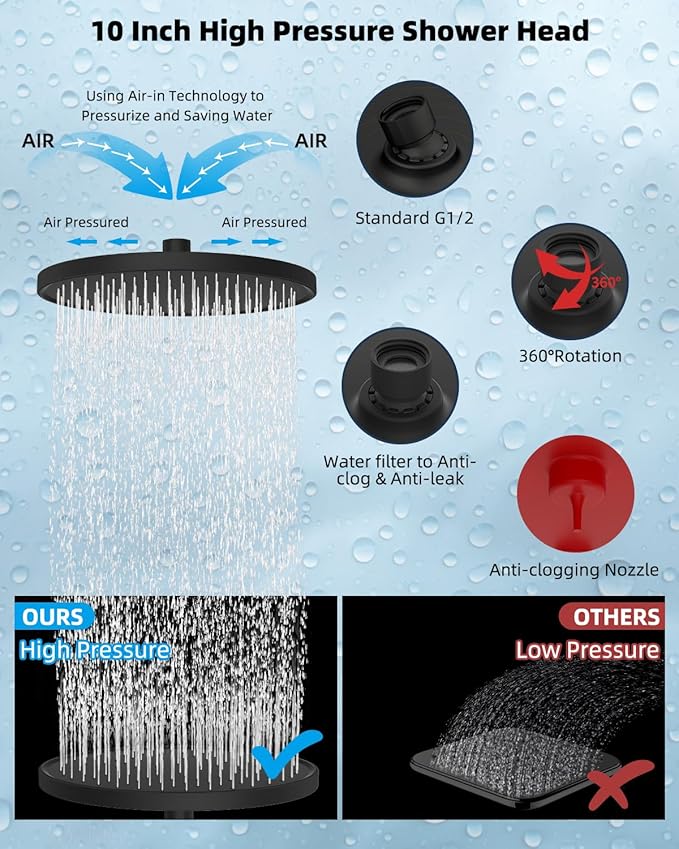 Hibbent Self-cleaning Shower Head, 10'' High Pressure Rain Shower Head, Showerhead Combo/Handheld Shower Head, 16'' Adjustable Arc Shower Extension Arm, 71'' Hose, Showerhead Holder, Oil-Rubbed Bronze