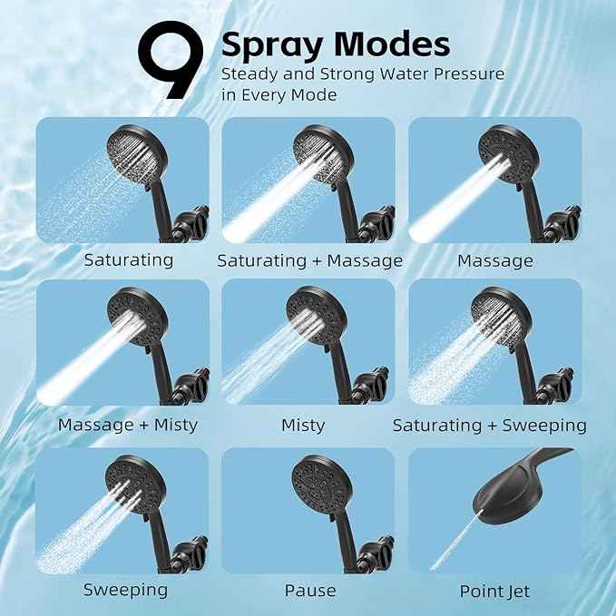 High Pressure Filtered Shower Head with Handheld, 9 Spray Modes 4.7" Shower Head, 59" long hose, 10 Layers Filter for Hard Water, Remove Chlorine, Adjustable Bracket, Matte Black