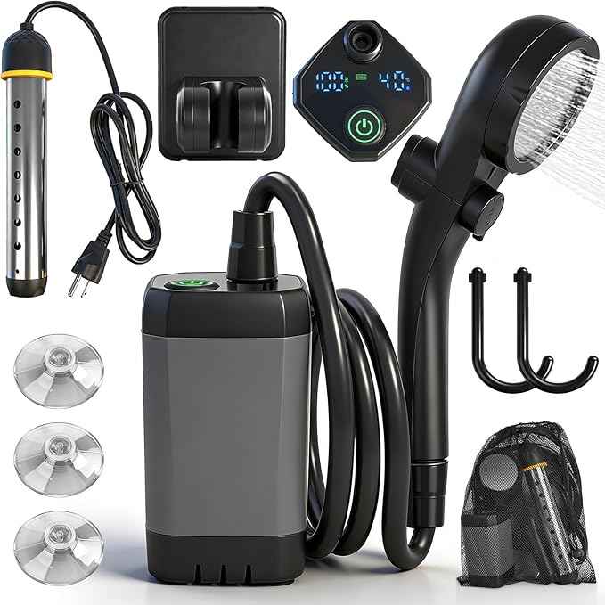 Portable Shower for Camping with Immersion Water Heater, 6000mAh Rechargeable Camping Shower Pump with Intelligent LED Display, Outdoor Camp Shower Pump for Hiking, Traveling, Car Washing, Pet Bath
