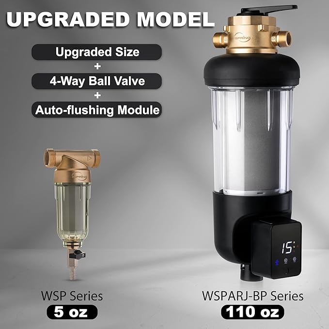 iSpring WSP50ARJ-BP Whole House Prefilter, Spin-Down Sediment Water Filter with Bypass, Upgraded Clear Housing, Jumbo Size, Flushable and Reusable, Touch-Screen Auto Flushing, 4 Modes, 50 Microns