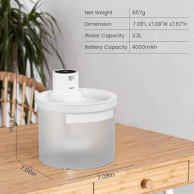 Cat Water Fountain Cordless, 4000mAh Battery Operated, 2.2 L/77 oz Cat Fountains for Drinking, Wireless Water Fountains for Cats Indoor, Pet Water Fountain with Sensor, Multi-Filtration