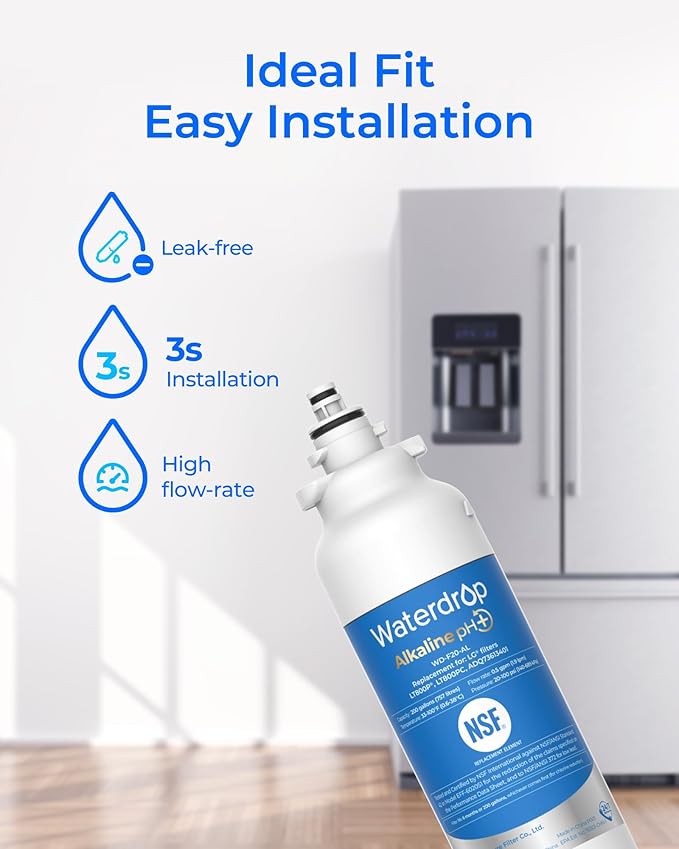 Waterdrop 𝐀𝐥𝐤𝐚𝐥𝐢𝐧𝐞 ADQ73613401 Water Filter, 𝐄𝐧𝐡𝐚𝐧𝐜𝐞𝐬 𝐩𝐇, Replacement for LG® LT800P®, ADQ73613402, ADQ75795104, LSXS26326S, LMXC23746S, LSXS26366S, LSXS26386D, 4 Filters - AquaVibe
