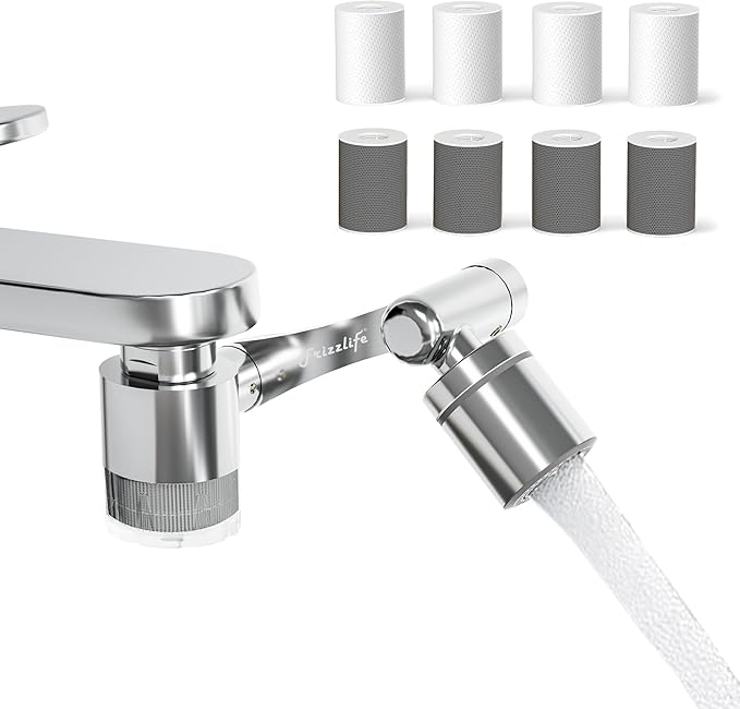 Frizzlife Splash-proof Sink Faucet Extender with Filter, Certified Reduce 99% Chlorine, 1440° Rotating Tap Aerator, 3 Modes Spray Attachment for kitchen/Bathroom/Toddlers, 8pcs Replacement Filter