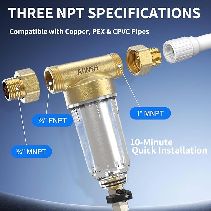 40 Micron Spin Down Sediment Filter,Reusable Sediment Water Filter,Washing Machine Water Filter,Whole House Pre-Filtration System for City Water & Well Water,25GPM,1" MNPT+3/4" FNPT+3/4" MNPT