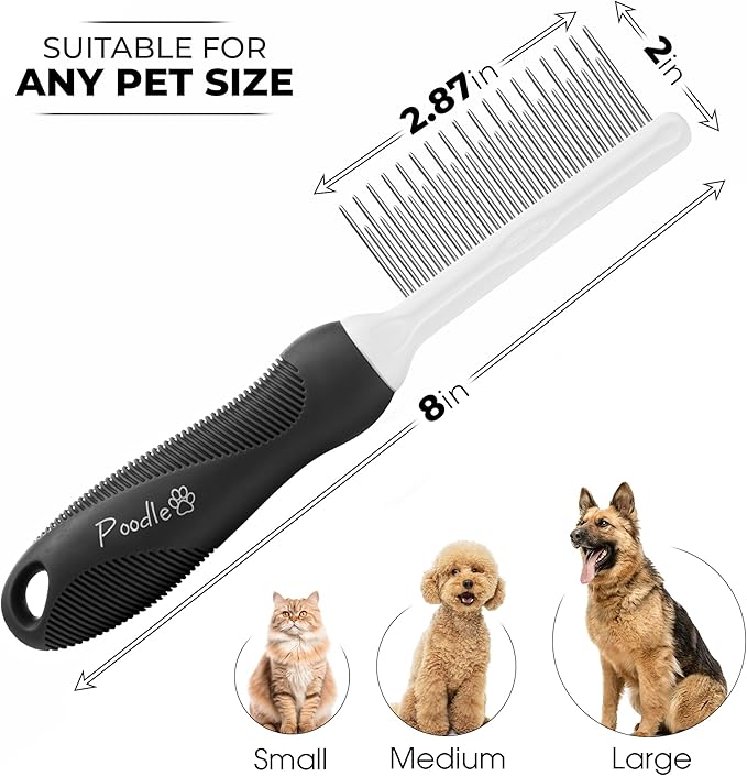POODLIE Poodle Pet Dog Combs for Grooming Matting - Metal Comb for Dogs with Long & Short Stainless Steel Teeth - Dematting Comb for Cats to Remove Matted Hair & Knots, Black - AquaVibe