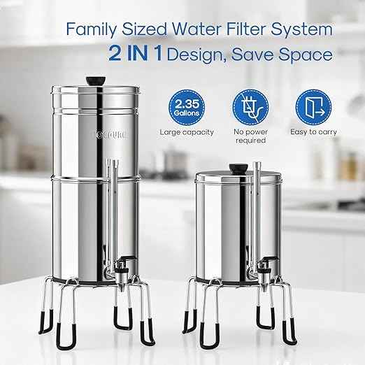 ICEPURE 2.25G Gravity-fed Water Filter System with Sight Glass Spigot, 4 Filters and Stand, Reduce Microplastics, Lead & Total PFAS, for Home, Camping, Off-Grid, Emergencies, King Tank Series