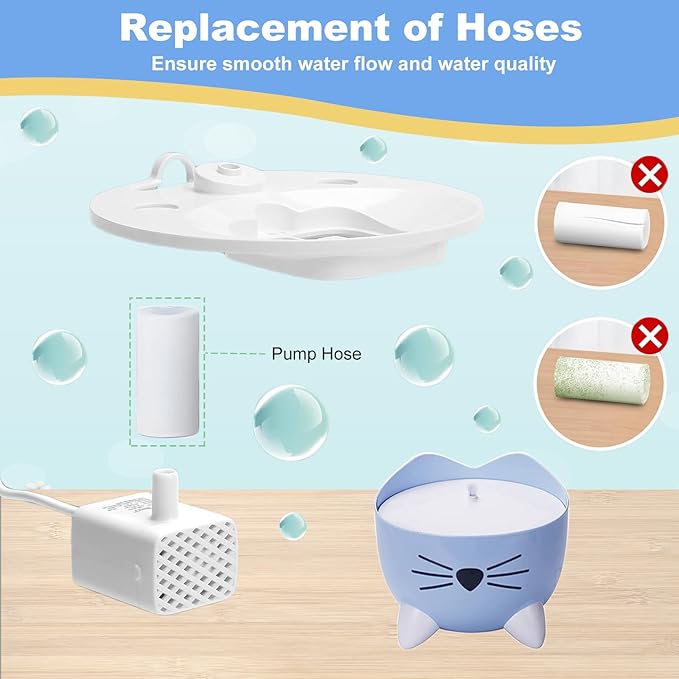 Cat Water Fountain Filter,Cat Fountain Filters Replacement for PIXI Pet Water Fountain,8 Pack Pet Fountain Filter Replacement,2 Pump Hoses