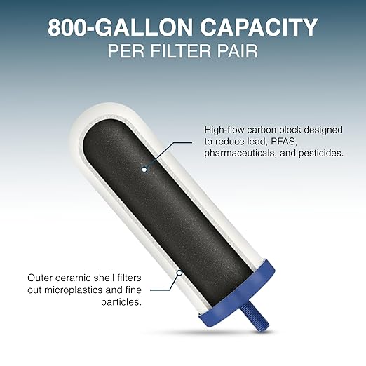 Armour Stainless Steel Gravity Water Filter System – Countertop Water Filter with 2 FTO Plus Ceramic Filters for Lead, Fluoride & Virus Removal - NSF Certified Water Filtration - Filter with Stand
