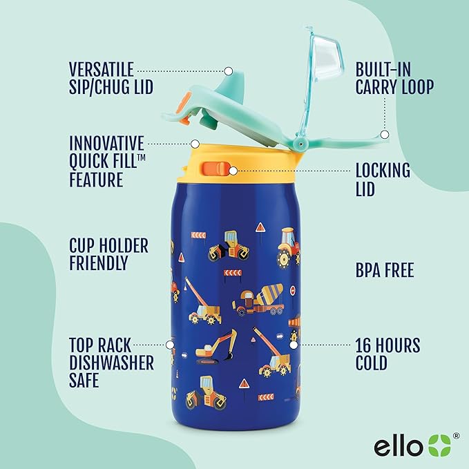 Ello Pop & Fill 12oz Stainless Steel Kids Water Bottle with Quick Fill Lid | Vacuum Insulated BPA Free Bottle with Leak Proof Straw and Chug Lid, Dishwasher Safe, Gift For Kids, Construction Site