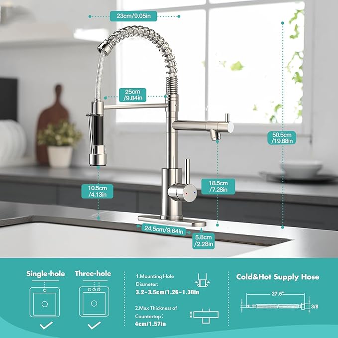 Commercial Pull-Down Kitchen Sink Faucet - Single Handle, Dual Spout, Stainless Steel, with Countertop & Sprayer (Chrome-03)