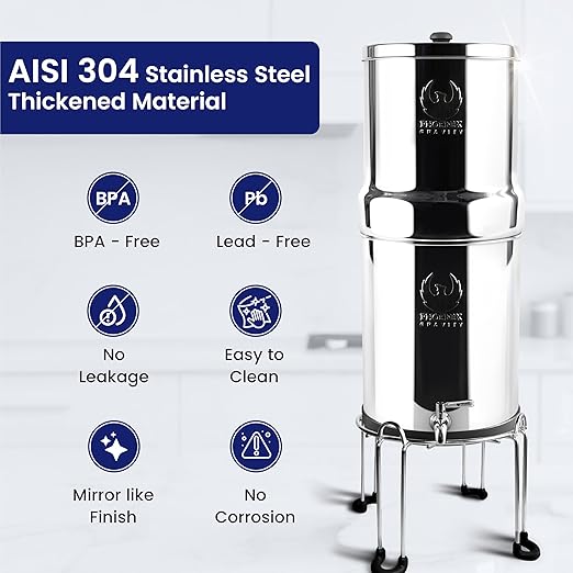 PHOENIX GRAVITY - 2.25 Gallons NSF Certified AISI 304 Stainless Steel Water Filter with 2 Smart Carbon (Black) Filters, 2 POSTreat Steel Fluoride Removal Elements, Free Steel Stand & Water Spigot