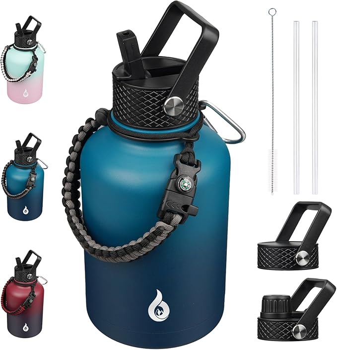 BJPKPK Insulated Water Bottles with Straw Lid, 50oz Large Water Bottle with 3 Lids and Paracord Strap, Stainless Steel Metal Water Bottle, Insulated Water Jug,Vast