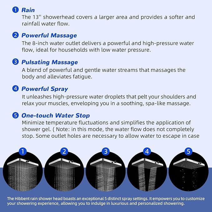 Hibbent 5-spray Filtered Rainfall Shower Head Combo, High Pressure 13'' Showerhead with 10 Spray Modes Handheld, All Metal 3 way Diverter Shower Arm, 71'' Hose and Holder, Chrome